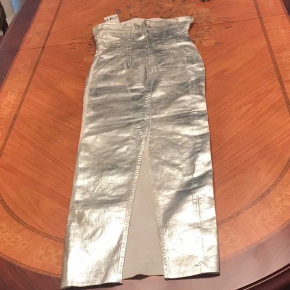 Zara The Fitted Denim bodycon silver midi dress sz.XS - Picture 13 of 16